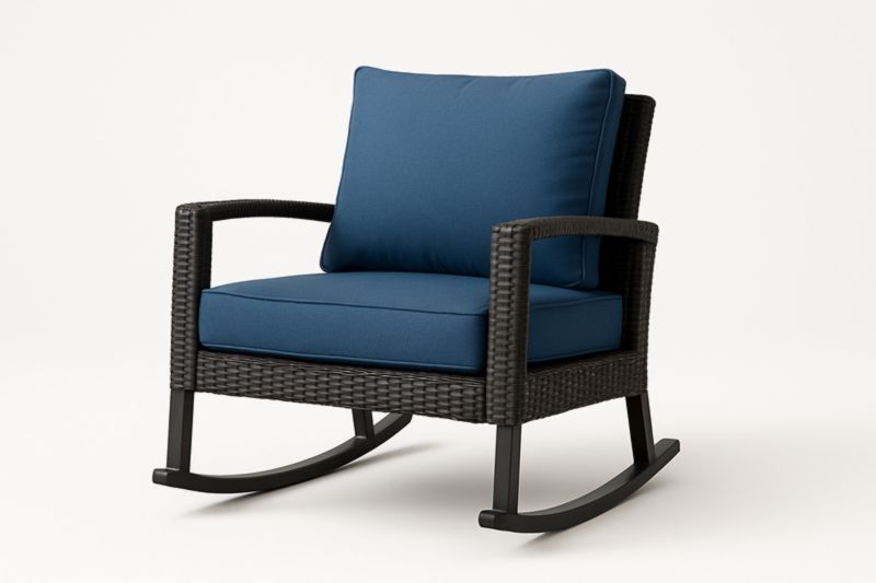 Fauteuil à bascule en résine tressée marron coussins bleu