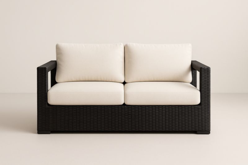 Canapé 2 Places en Résine Tressée Noir et Coussins Beige