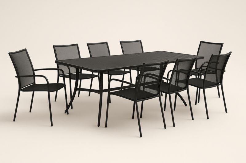 Ensemble de Salle à Manger Noir en Acier avec 8 Chaises en Maille