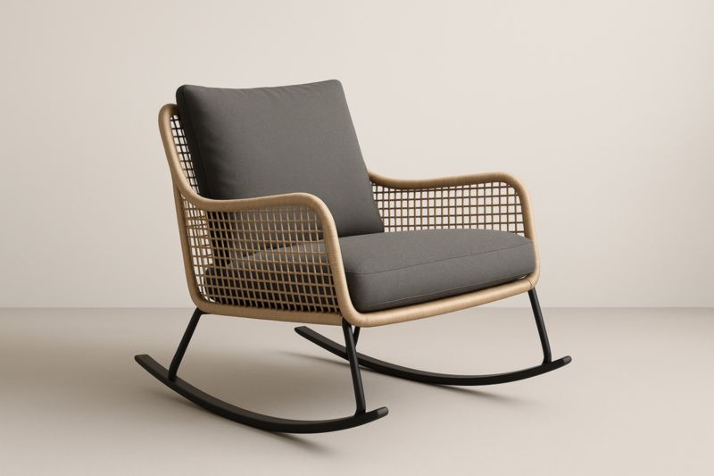 Fauteuil à bascule en aluminium et rotin avec coussins en polyester gris