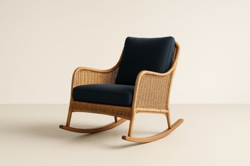 Fauteuil à bascule en osier et tissu bleu foncé