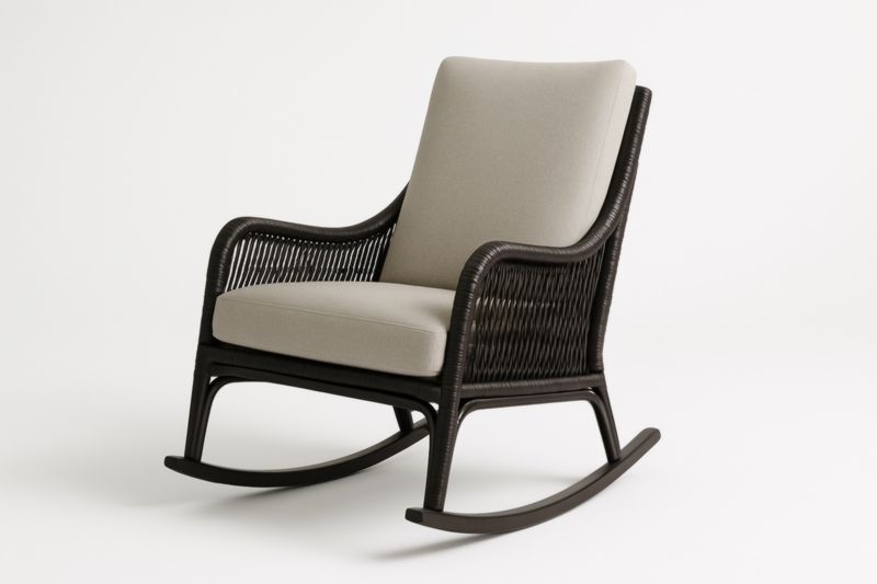 Fauteuil à bascule en rotin synthétique et tissu beige/noir