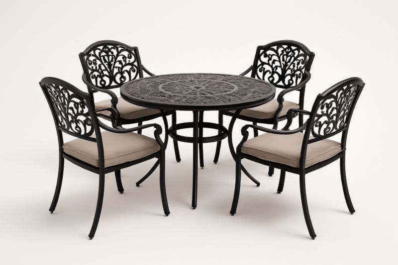 Table ronde en aluminium noir avec 4 chaises