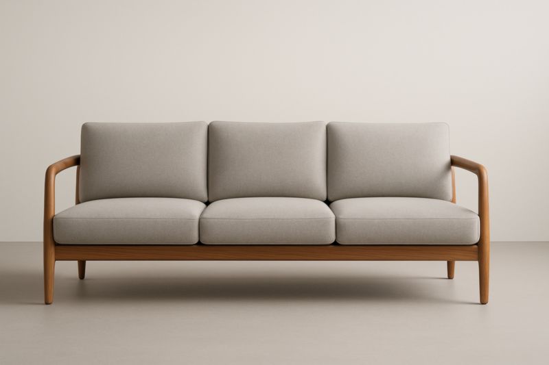 Canapé 3 places en tissu Gris et bois avec accoudoirs arrondis 200 cm