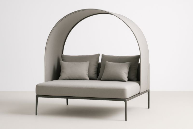 Canapé d'extérieur gris avec auvent en tissu et structure métallique