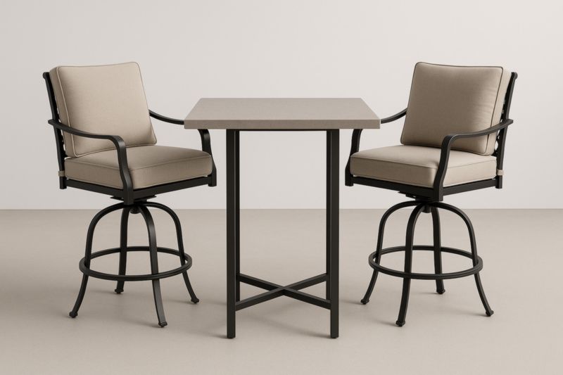 Ensemble table haute et chaises pivotantes en métal et tissu beige