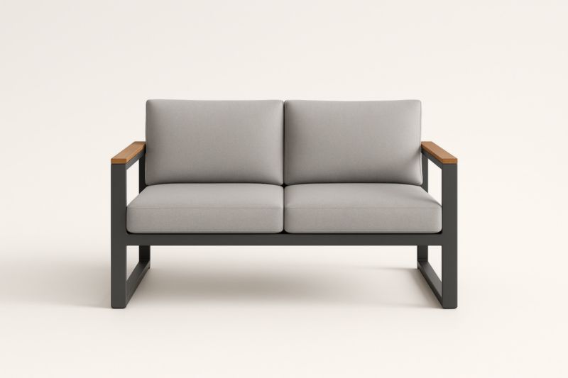 Canapé 2 places métal gris avec coussins en polyester