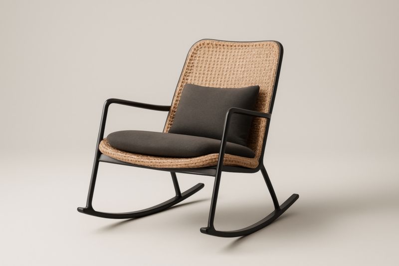 Fauteuil à bascule en rotin et acier noir coussins gris