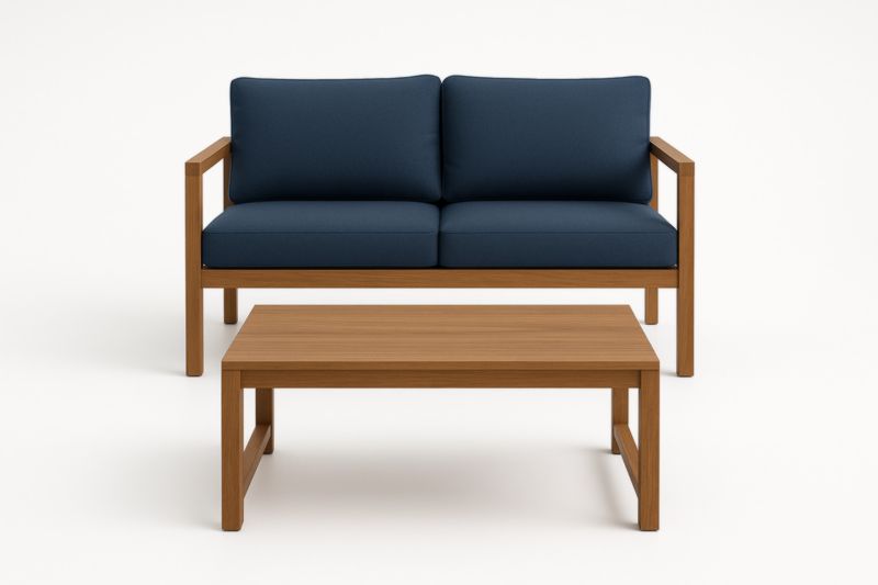 Canapé 2 Places et Table Basse en Bois avec Coussins Bleus