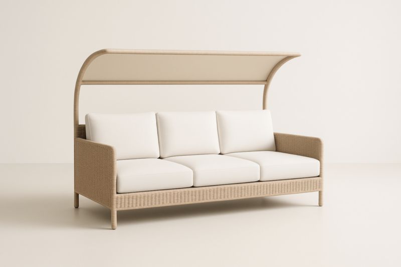 Canapé d'extérieur en rotin avec coussins et auvent