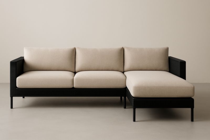 Canapé d'angle en tissu beige et noir avec structure en aluminium