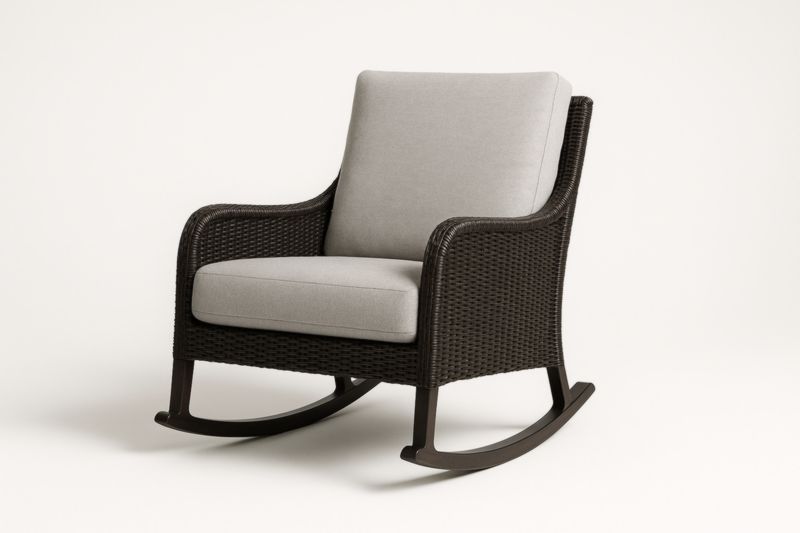 Fauteuil à bascule en rotin synthétique Marron avec coussins Gris