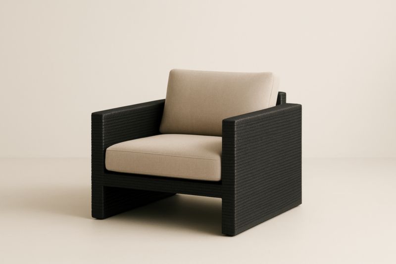 Fauteuil d'extérieur en résine tressée noire avec coussins en polyester beige