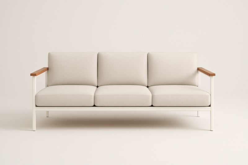 Canapé 3 Places Métal et Tissu Écru avec Accoudoirs en Bois