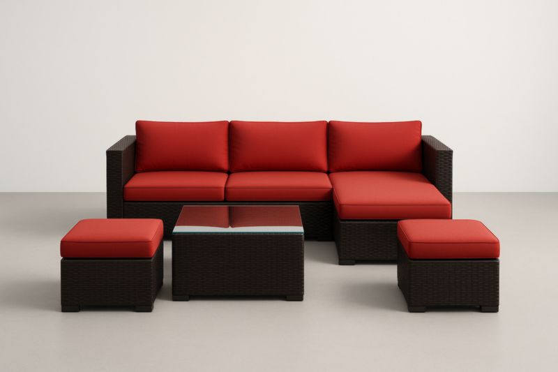 Ensemble canapé extérieur résine tressée rouge coussins polyester