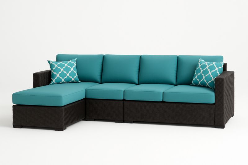 Canapé d'angle modulable en résine tressée avec coussins turquoise