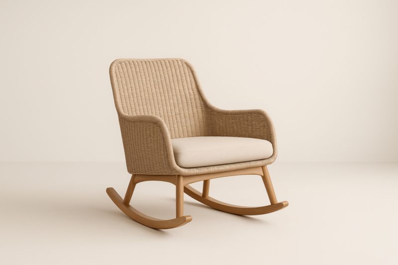 Fauteuil à bascule en osier et bois avec coussin en polyester Beige