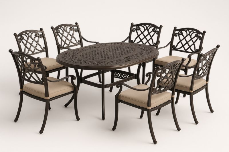 Ensemble table ovale en aluminium avec 7 chaises coussins