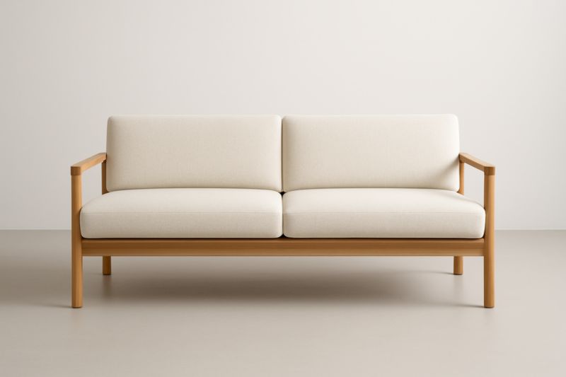 Canapé deux places beige en bois et tissu