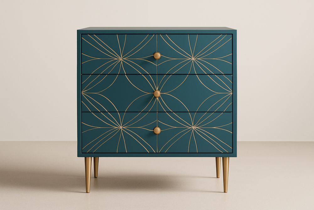 Armoire de rangement en MDF bleu avec 3 tiroirs, motifs géométriques et pieds en acier