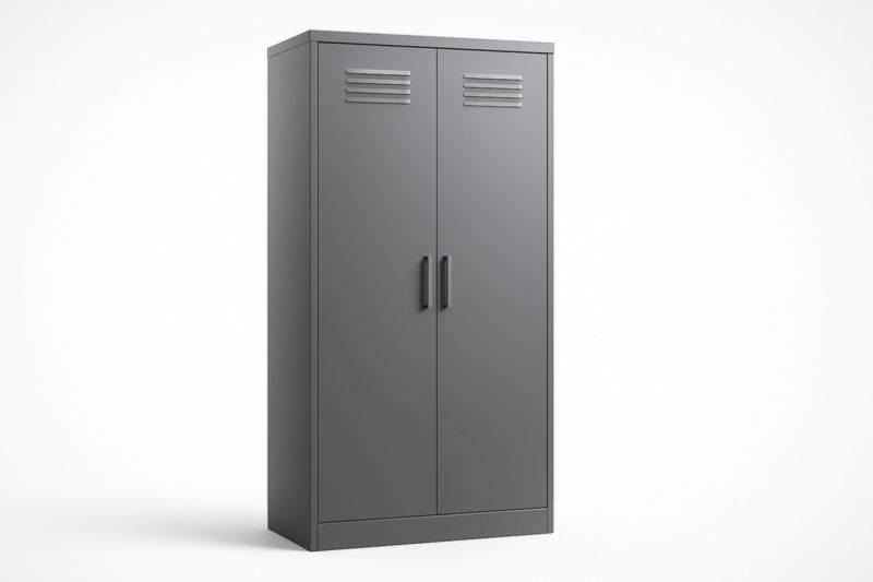 Armoire métallique à deux portes avec poignées en acier gris