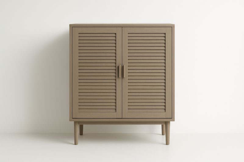 Armoire de rangement beige en MDF avec portes à persiennes. Dimensions : 80 x 70 x 40 cm