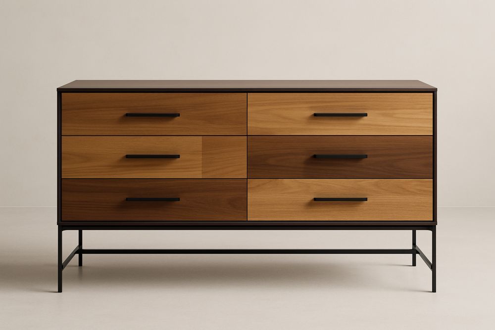 Armoire de rangement en bois massif et acier avec 6 tiroirs