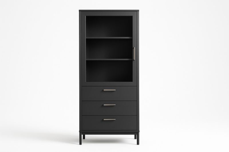 Armoire noire en MDF avec étagères en verre trempé et tiroirs 180x80x40 cm