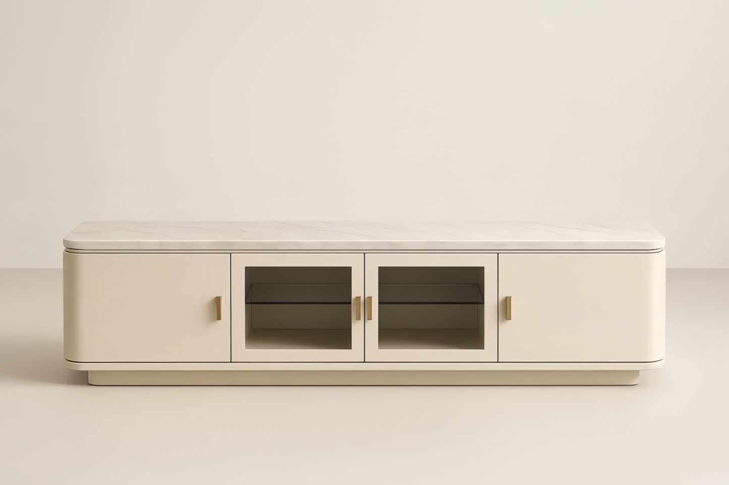 Meuble TV en bois composite avec dessus en marbre et portes en verre trempé