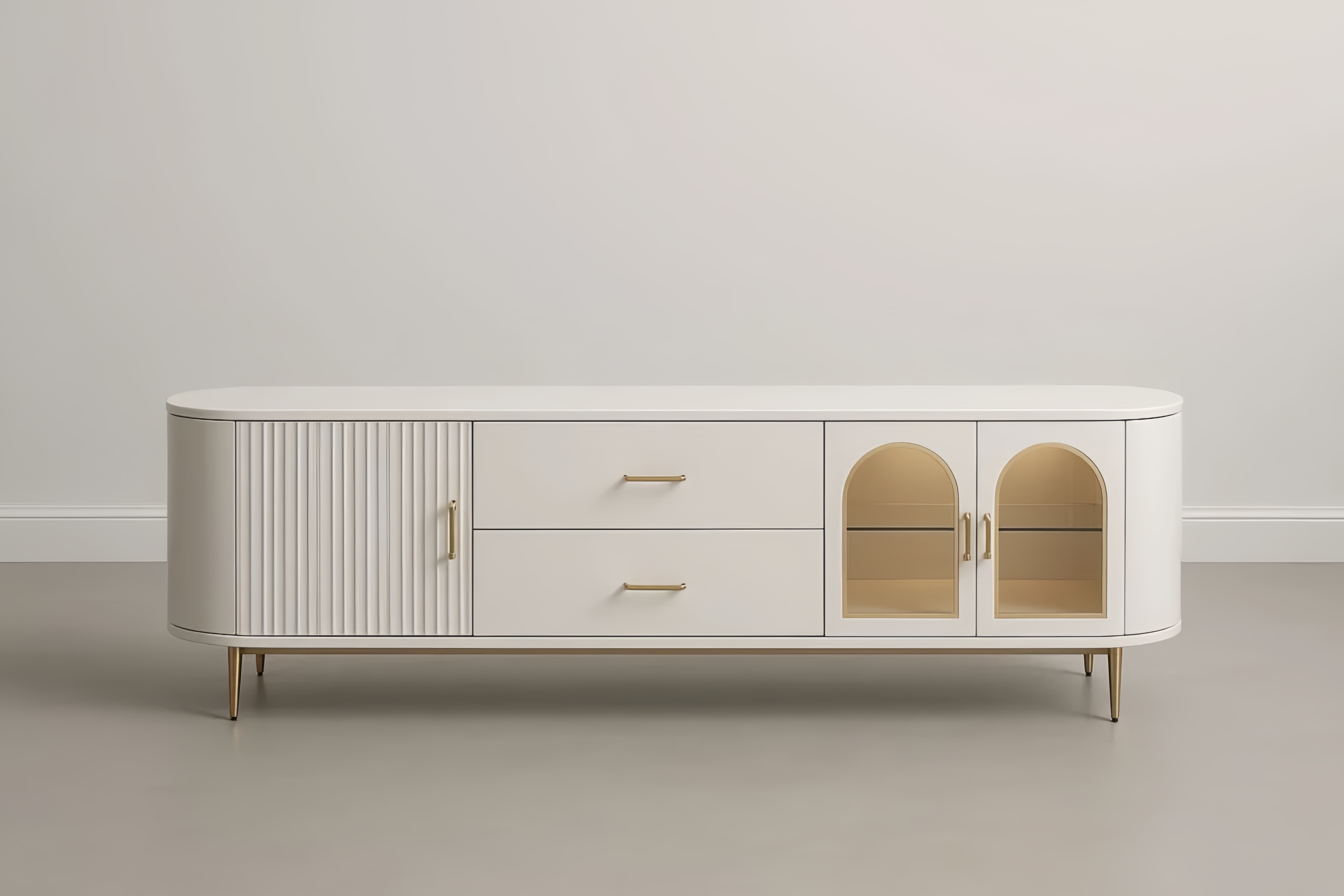 Meuble TV en MDF blanc avec portes en verre trempé 180cm