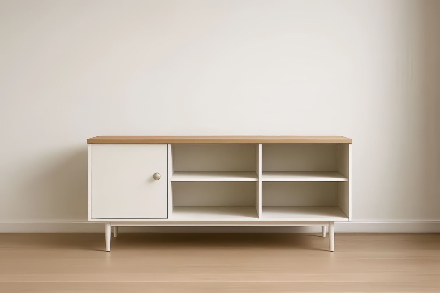 Buffet bas en bois MDF et placage chêne avec portes et étagères blanches