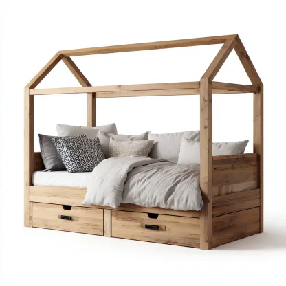Lit enfant bois 200x100x175 cm - naturel - adapté à la chambre d'enfant - design cabane avec rangement-Hutovae