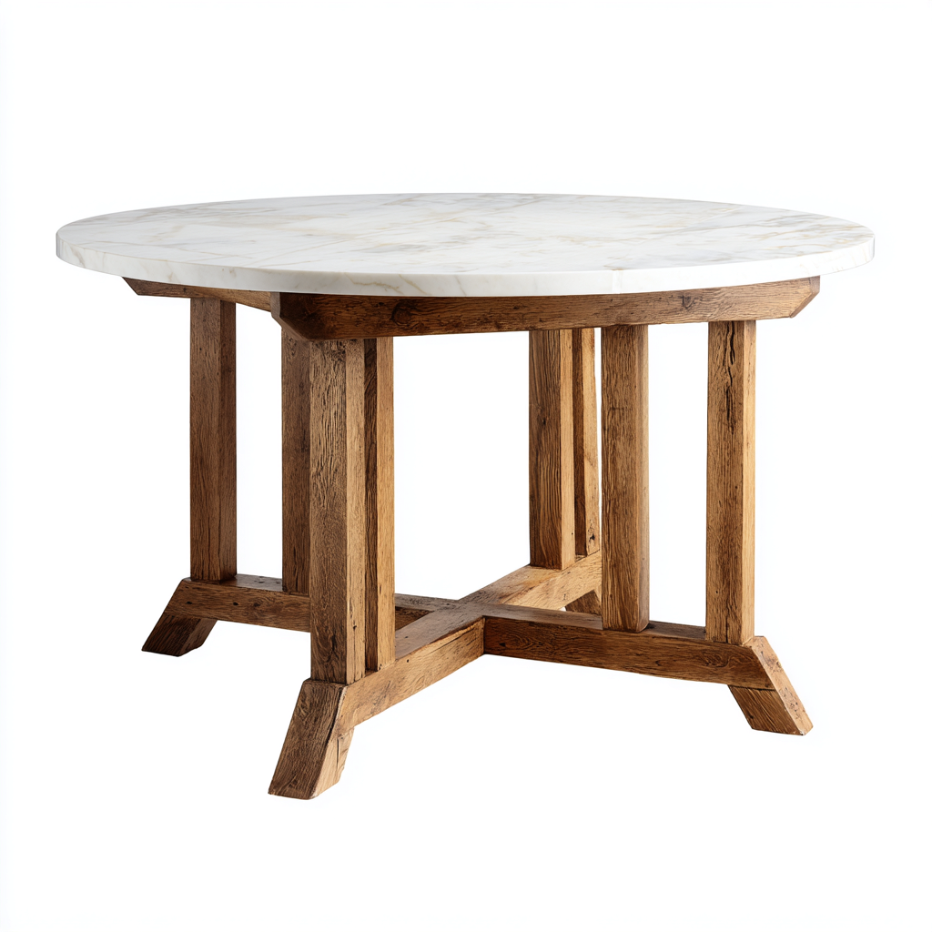 Table à manger plateau marbre 120x120x75 cm - marbre blanc-bois naturel - style rustique-Hutovae