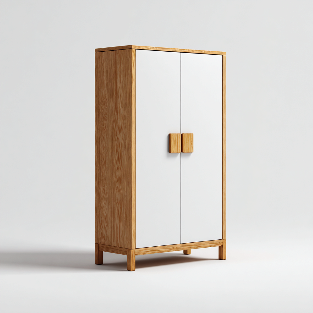 Armoire en bois - MDF et bois massif 65x42x135 cm - blanc-bois naturel - style moderne-Hutovae