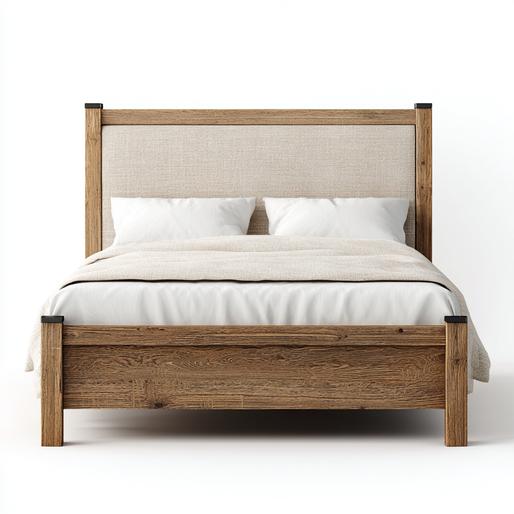 Lit double bois et tissu 200x160 cm - beige - adapté à la chambre - design contemporain-Hutovae