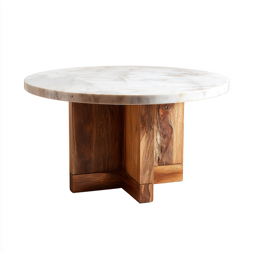 Table à manger plateau marbre 115x115x75 cm - marbre blanc-bois naturel - style artisanal-Hutovae