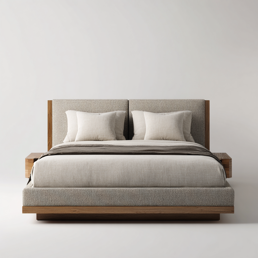 Lit double tissu-bois 200x160 cm - beige - adapté à la chambre - design moderne-Hutovae