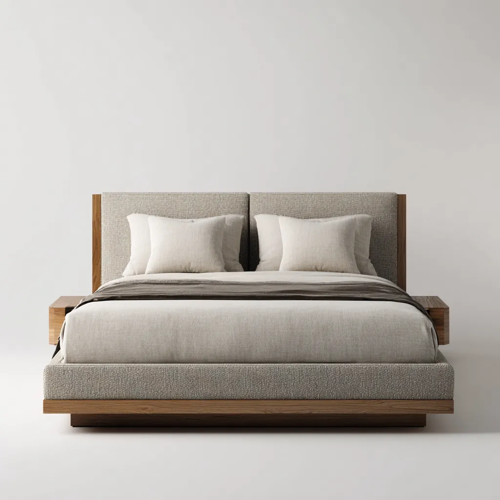 Lit double tissu-bois 200x160 cm - beige - adapté à la chambre - design moderne-Hutovae