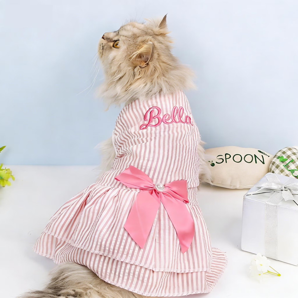 Personalized Embroidery Striped Seersuker Cute Pet Dress with Bow | MNCloth206