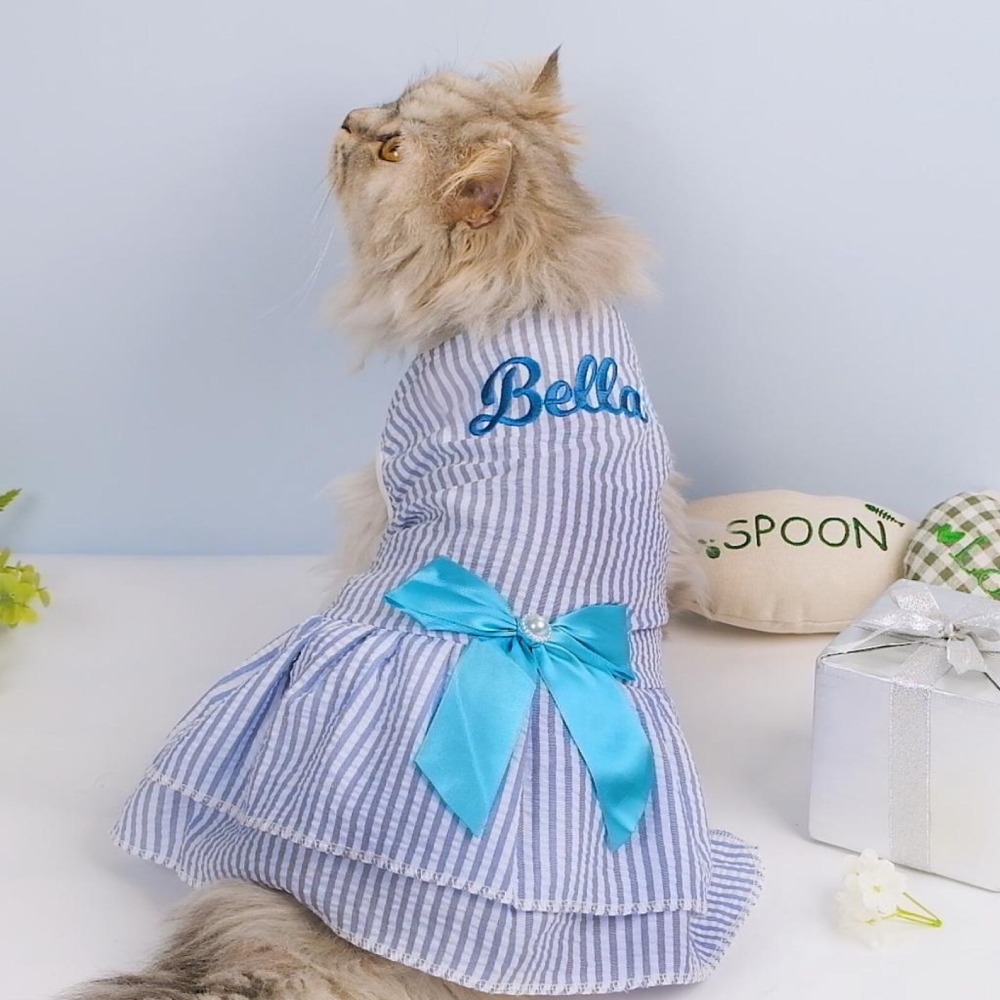 Personalized Embroidery Striped Seersuker Cute Pet Dress with Bow | MNCloth206