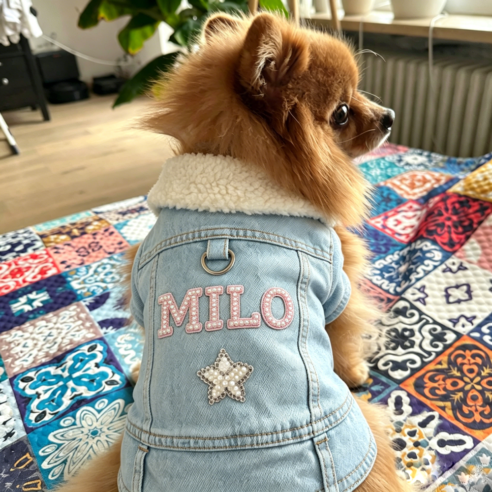 Personalized Handmade Pearl Patch Fleece-Lined Denim Dog Jacket | MNCloth226