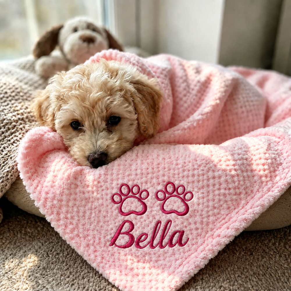 Personalized Embroidered Puppy Blanket with Name & Paw Print | MNHome108