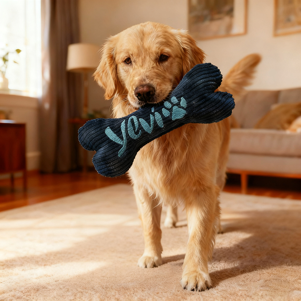 Personalized Embroidered Corduroy Puppy Bone Squeaker Toy | BKPet258