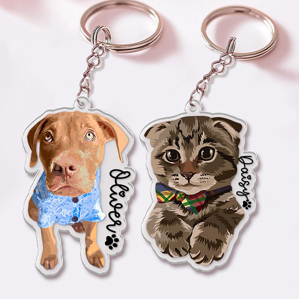Personalized Illustrated Pet Portrait Memorial Photo Keychain | CWGift24