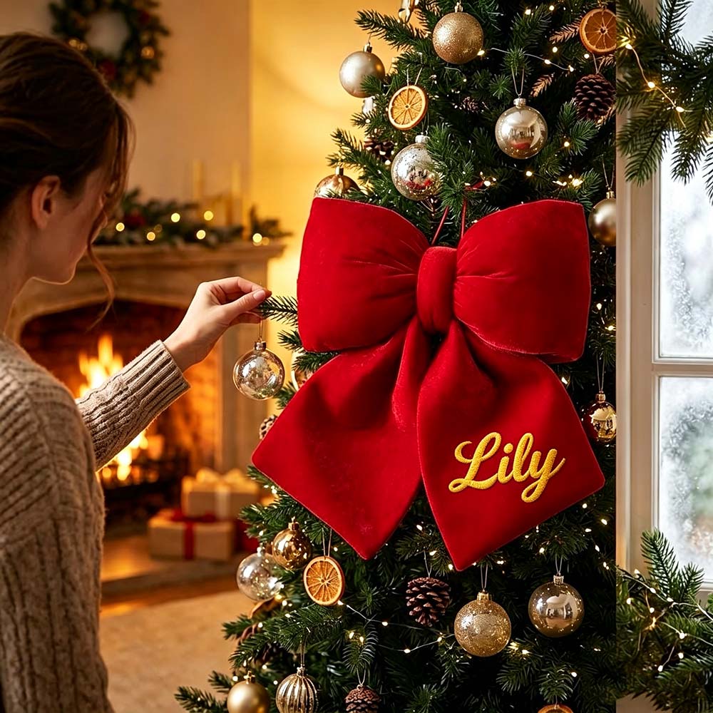 Personalized Velvet Christmas Bow Ornament Without Furry Trim | MCGift383