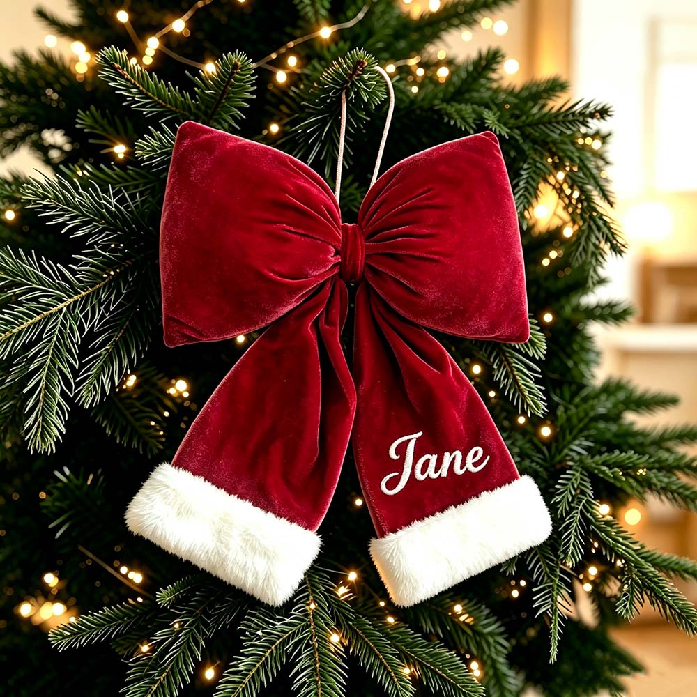 Personalized Velvet Christmas Bow Ornament With Furry Trim | MCGift384