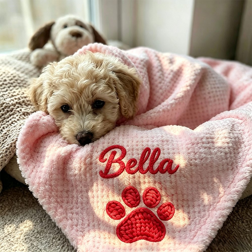 Personalized Hand Embroidered Puppy Blanket with Name & Paw Print | MNHome106