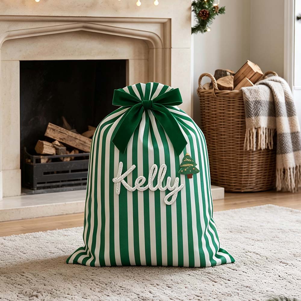 Personalized Hand Embroidered Striped Christmas Gift Sack | MNGift39