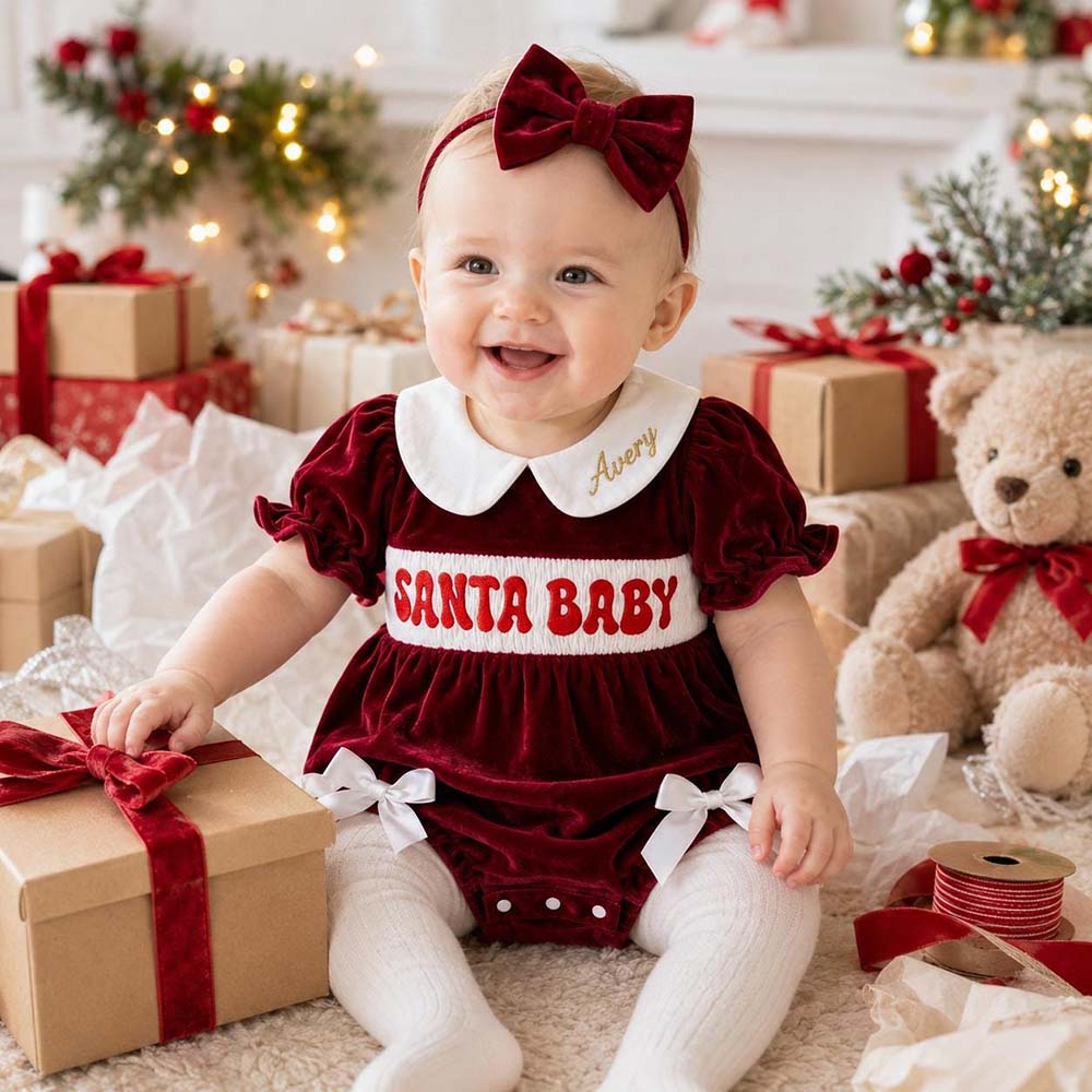 Personalized Embroidered Baby Girl Christmas Santa Velvet Outfit | MNBaby12