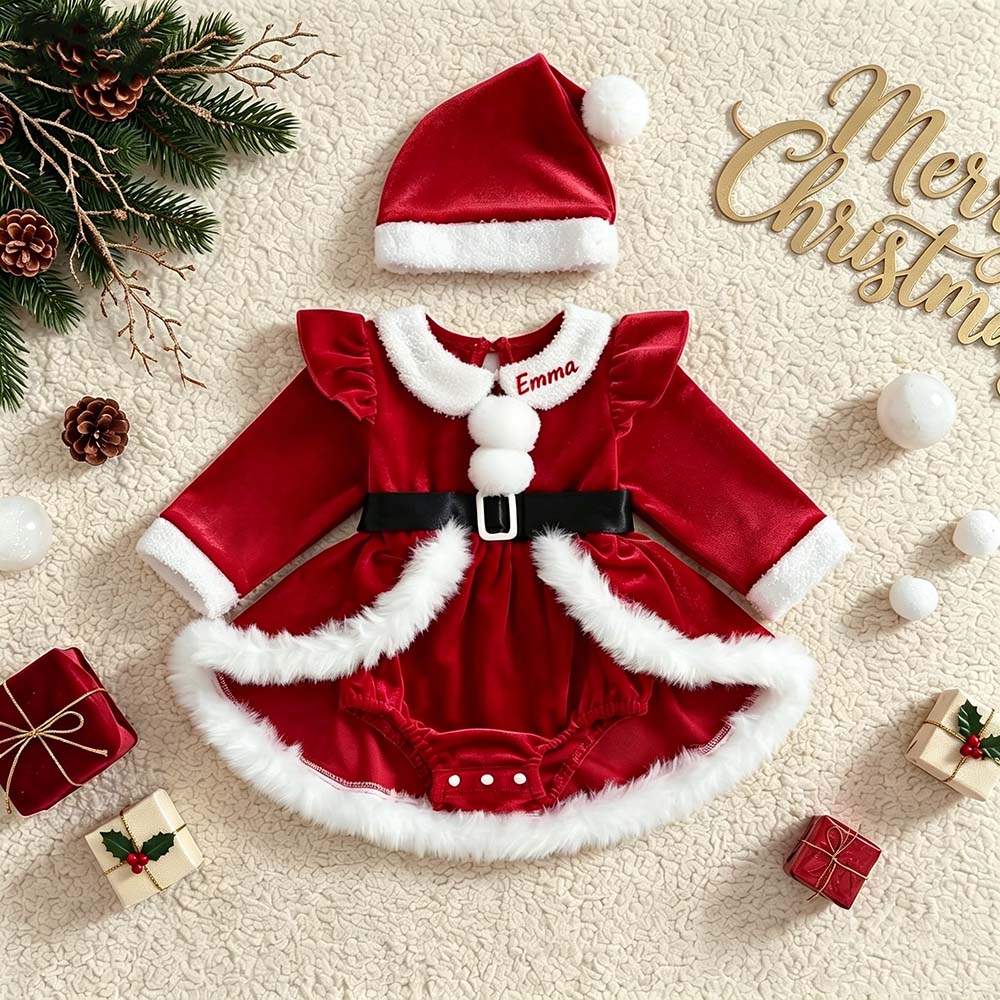 Personalized Embroidered Baby Girls Christmas Bodysuit Dress With Santa Hat | MNBaby16